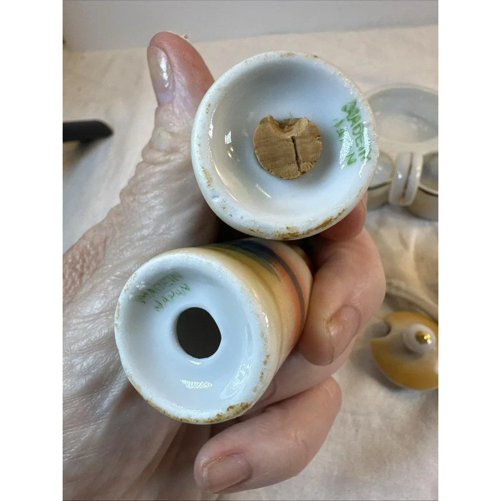 Vintage Japanese Lusterware Condiment Set: Salt Pepper Mustard Pot Spoon Tray